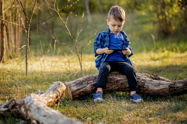 陽気な子供の倒木の上に座って 夏には携帯電話で漫画を見て かわいい男の子が自然を楽しんでいる — ストック写真
