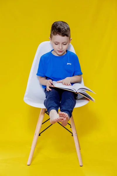 Positiv Förskola Pojke Asp Shirt Hålla Öppen Gul Lärobok Och — Stockfoto