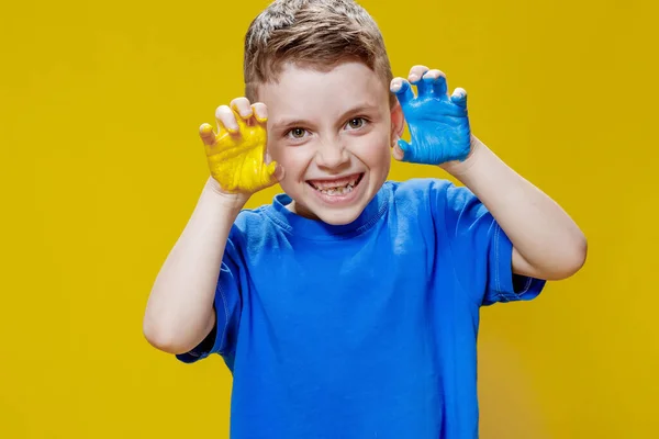 Little Happy Boy Painted Palms Yellow Blue Colors Flag Ukraine — Fotografia de Stock