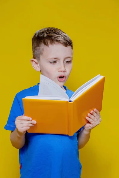 Dodatni Chłopiec Niebieskiej Koszulce Otwartym Żółtym Copybookiem Żółtym Tle — Zdjęcie stockowe
