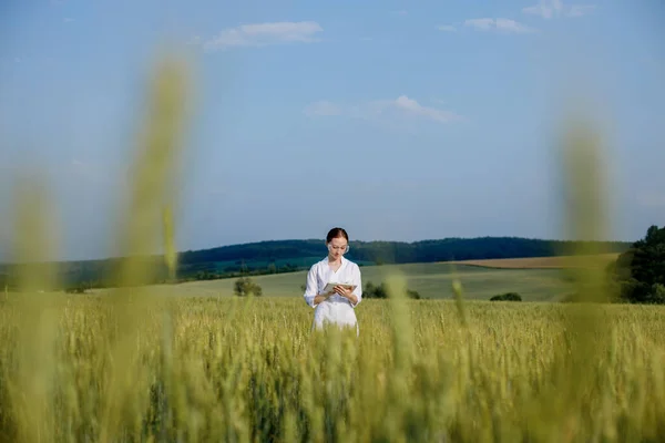 Laboratory Technician Using Digital Tablet Computer Cultivated Wheat Field Application — 图库照片
