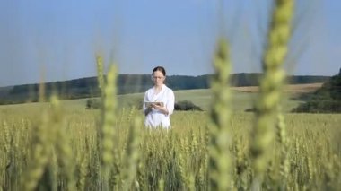 Tarımsal faaliyetlerde modern teknolojilerin uygulanması için ekili buğday tarlasında dijital tablet bilgisayar kullanan laboratuvar teknisyeni.