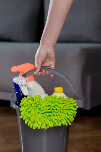 Woman Holding Bucket Detergents Rag Cleaning Home Housework Cleaning Products — Zdjęcie stockowe