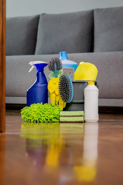 Household Cleaning Products Rags Reflection Floor Chemical Liquids Cleaning Maintaining — Foto de Stock