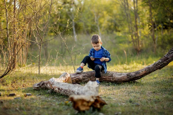 Fröhliches Kind Das Auf Einem Umgestürzten Baum Sitzt Und Sommer — Stockfoto