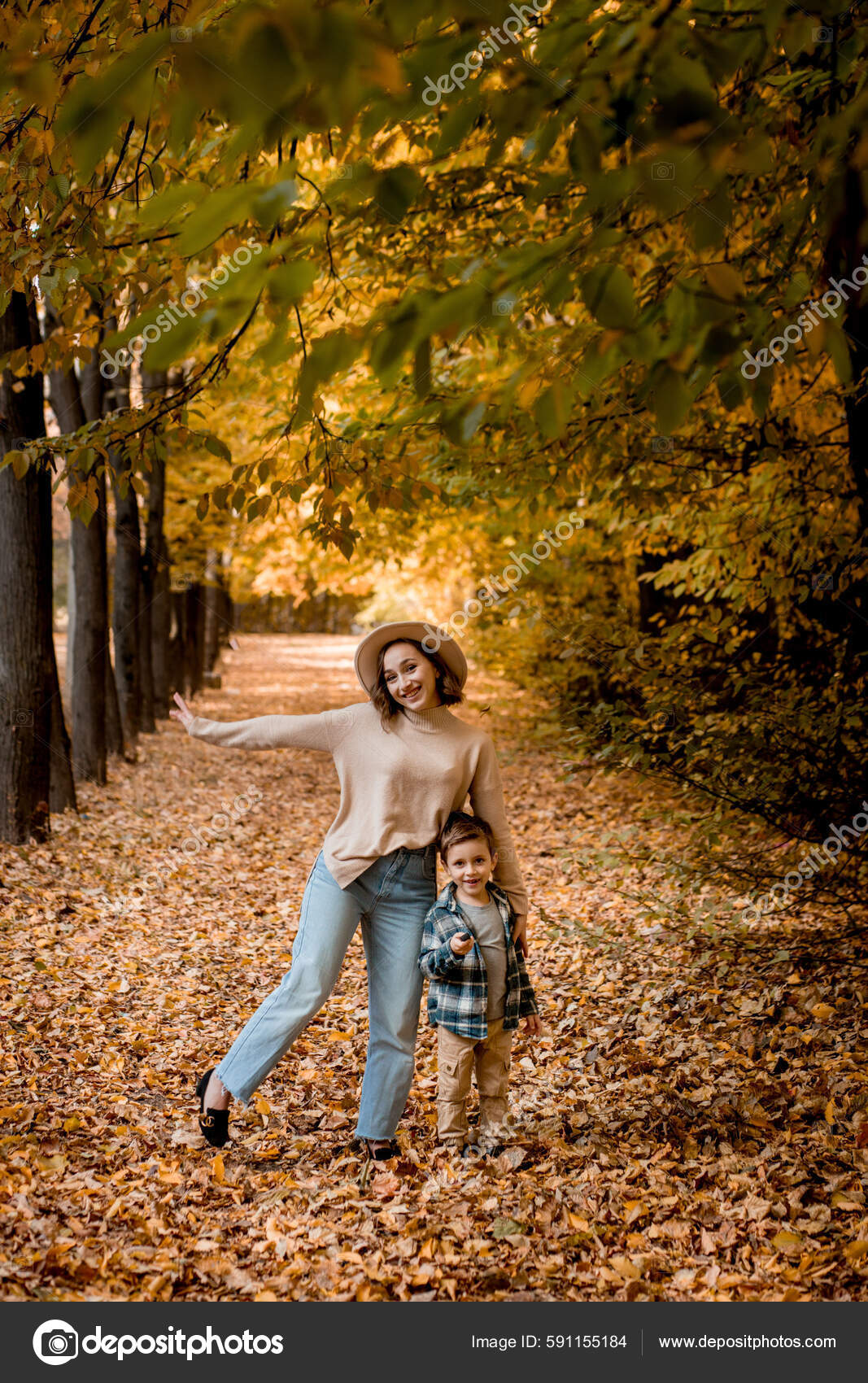 Mother Son Walking Outdoors Sunny Autumn Day Family Dressed