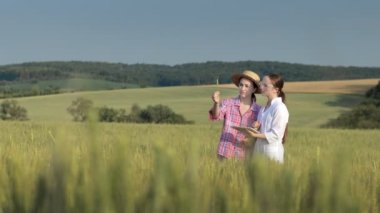 A young farmer and a laboratory technician with a tablet are discussing the harvest in a wheat field, looking at an ear on a sunny day