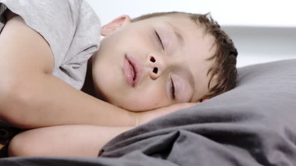 Little Preschool Boy Sleeping His Bed Lying His Side Boy — Video