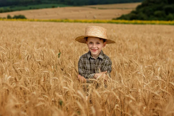 Smiling Little Farmer Boy Plaid Shirt Straw Hat Poses Photo — 스톡 사진