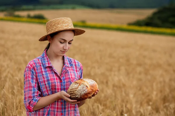 A female farmer in a straw hat and checkered shirt holds fragrant bread in her hands on a ripe wheat field. The smell of freshly baked bread.
