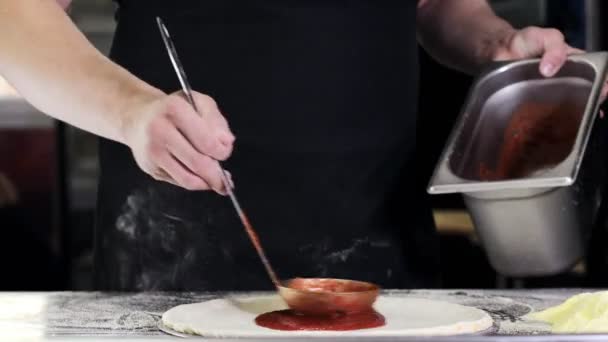 Chef Prepares Delicious Traditional Italian Pizza Spreads Tomato Sauce Dough — Video
