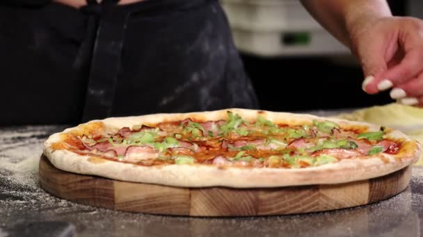 Freshly Baked Appetizing Pizza Mozzarella Cheese Ham Leeks Tomato Base — Vídeo de Stock