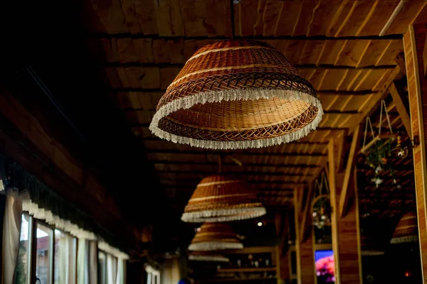 Wicker Straw Lamps Wooden Roof Trendy Interior Design Hipster Cafe — Stockfoto