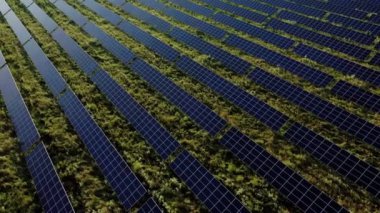 Güneşli bir günde Green Field 'daki Güneş Enerjisi İstasyonu' nun Aerial Top görüntüsü. İnsansız hava aracı Güneş Çiftliği üzerinde uçuyor. Bir sürü Güneş Paneli Güç Üretimi için sırada bekliyor. Yenilenebilir yeşil enerji