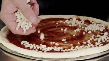 Chef sprinkles pizza with mozzarella cheese in the kitchen of a pizzeria. Pizza to order. Cooking pizza.
