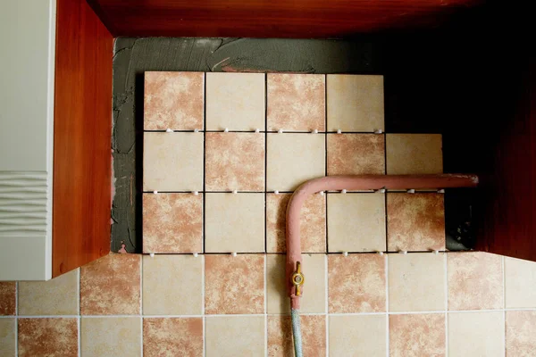 Section Freshly Laid Brown Cream Tiles Wall Plastic Gaskets Repair — Stock Photo, Image