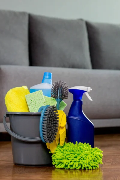 Household Cleaners Detergent Rag Washcloth Brush Cleaning Means Keeping House — Foto de Stock