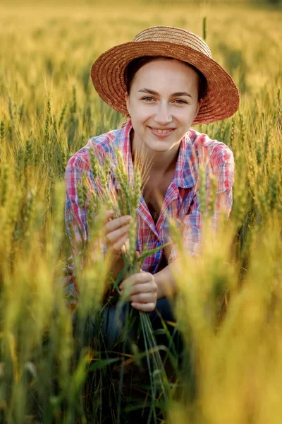 Young Farmer Sits Ears Wheat Analyzes Here Growth — Zdjęcie stockowe