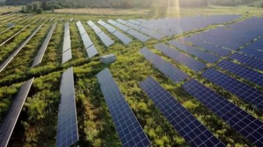 Güneşli bir günde Green Field 'daki Güneş Enerjisi İstasyonu' nun Aerial Top görüntüsü. İnsansız hava aracı Güneş Çiftliği üzerinde uçuyor. Bir sürü Güneş Paneli Güç Üretimi için sırada bekliyor. Yenilenebilir yeşil enerji