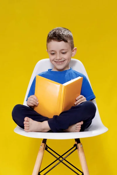 Positieve Kleuter Een Aspen Shirt Met Een Open Geel Leerboek — Stockfoto