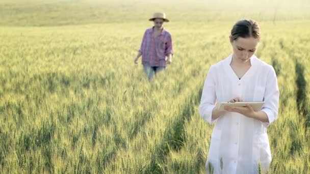 Young Female Lab Technician White Coat Female Farmer Checking Harvest — Stock video