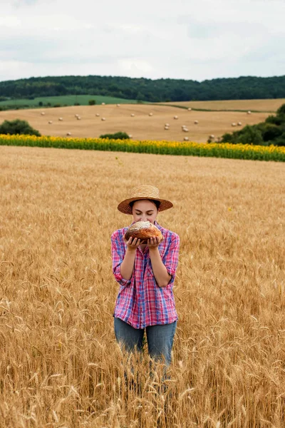 Жінка Фермер Тримає Руках Органічний Хліб Тлі Пшеничного Поля Хліб — стокове фото