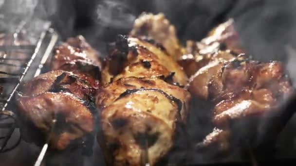 Koka Saftig Fläsk Kebab Spett Grillen Grill — Stockvideo