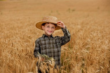 A smiling little farmer boy in a plaid shirt and straw hat poses for a photo in a wheat field. Heir of farmers.