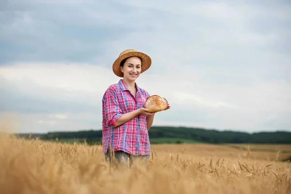 Woman Farmer Holds Organic Grain Bread Her Hands Background Wheat — Foto de Stock