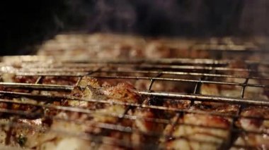 Outdoor barbecue picnic cooking process, grilling and grilling juicy meat steaks with burning fire and smoke on barbecue grill, burning coals. Barbecue grill concept.