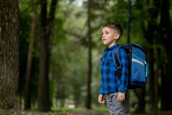 学龄儿童背着蓝色的背包在公园里上学 — 图库照片