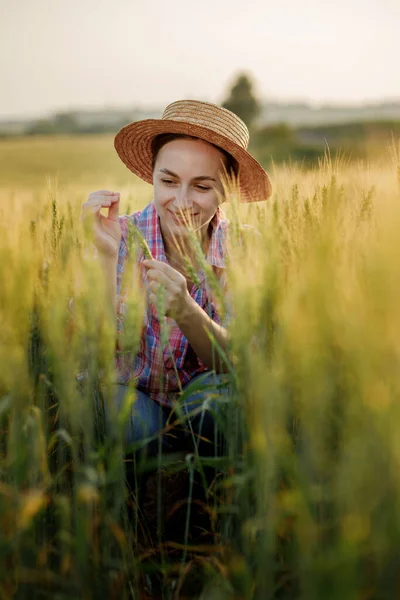 Молодий Фермер Сидить Вухах Пшениці Аналізує Тут Зростання — стокове фото