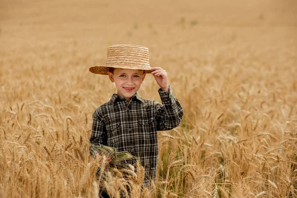 Smiling Little Farmer Boy Plaid Shirt Straw Hat Poses Photo — Stockfoto