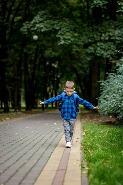 青いバックパックを持つ学校の年齢の男の子は公園で学校に行きます — ストック写真