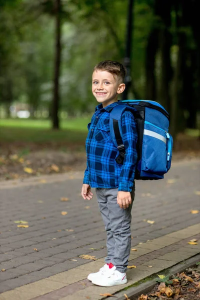 Porträt Eines Erstklässlers Mit Rucksack Der Junge Geht Zur Schule — Stockfoto