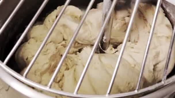 Dough Pizza Bread Kneaded Dough Mixer Camera Shoots Metal Grid — стоковое видео