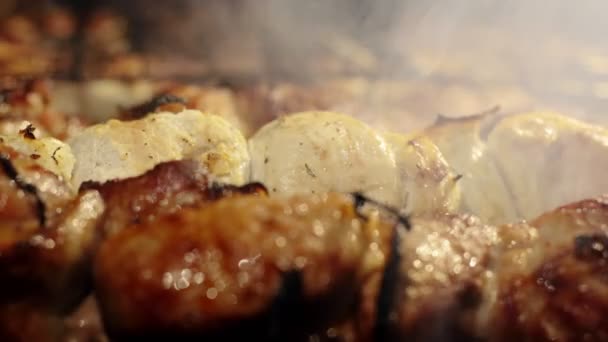 Memasak Kebab Babi Juicy Pada Tusuk Sate Pada Panggangan Barbekyu — Stok Video