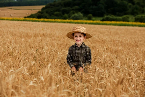 Smiling Little Farmer Boy Plaid Shirt Straw Hat Poses Photo — 스톡 사진