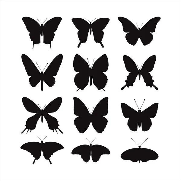 Ensemble Papillons Isolés Sur Blanc Collection Silhouettes — Image vectorielle