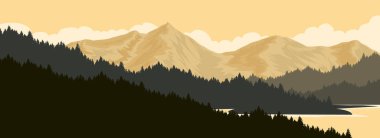 Sunrise over mountains and rivers. Landscape image of pine forest and mountains, natural environment.
