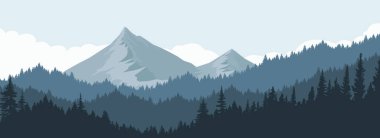 mountain and forest landscape vector illustration and the clouds above the mountains in the morning and in the evening.