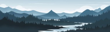 Landscape with shadows of mountains and rivers and pine forests.