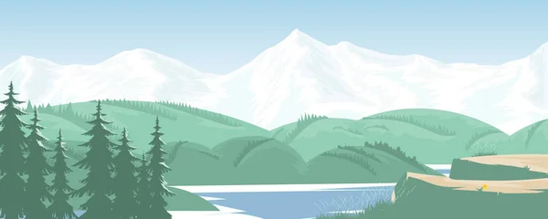 River Forest Mountains Snowy Mountain Landscape Backdrop Pine Forest Summer —  Vetores de Stock