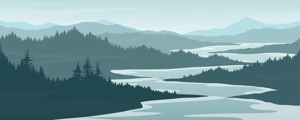 Landscape Mountains Pine Forests Mountain River Mountain Vector Image Templates — Wektor stockowy