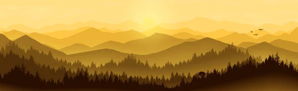 Ландшафт Гір Високі Соснові Ліси Гір Туманом Світанку Ввечері Пейзажне — стоковий вектор