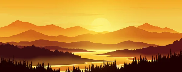 Pine Forest Mountain Shadow River Evening — Stockvector