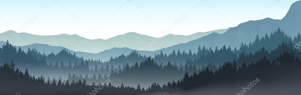 Panoramic mountain landscapes, pine forests and mountains in the morning.