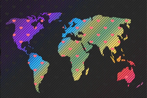 ハート型の世界地図デザイン 大陸と地球 ヨーロッパとアメリカ アジアとオーストラリアの地図 ウェブサイトのパターン 年次報告書 インフォグラフィックのための平らな地球地図テンプレート — ストック写真