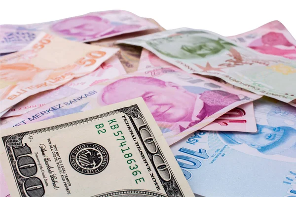 土耳其里拉和美元钞票 土耳其里拉和美元背景 — 图库照片