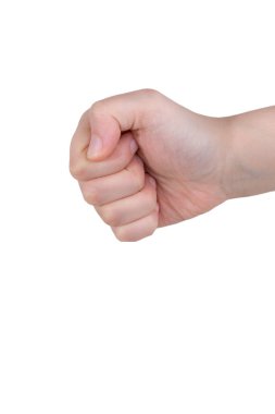 Beyaz arka planda el hareketlerini gösteren bir kadın.